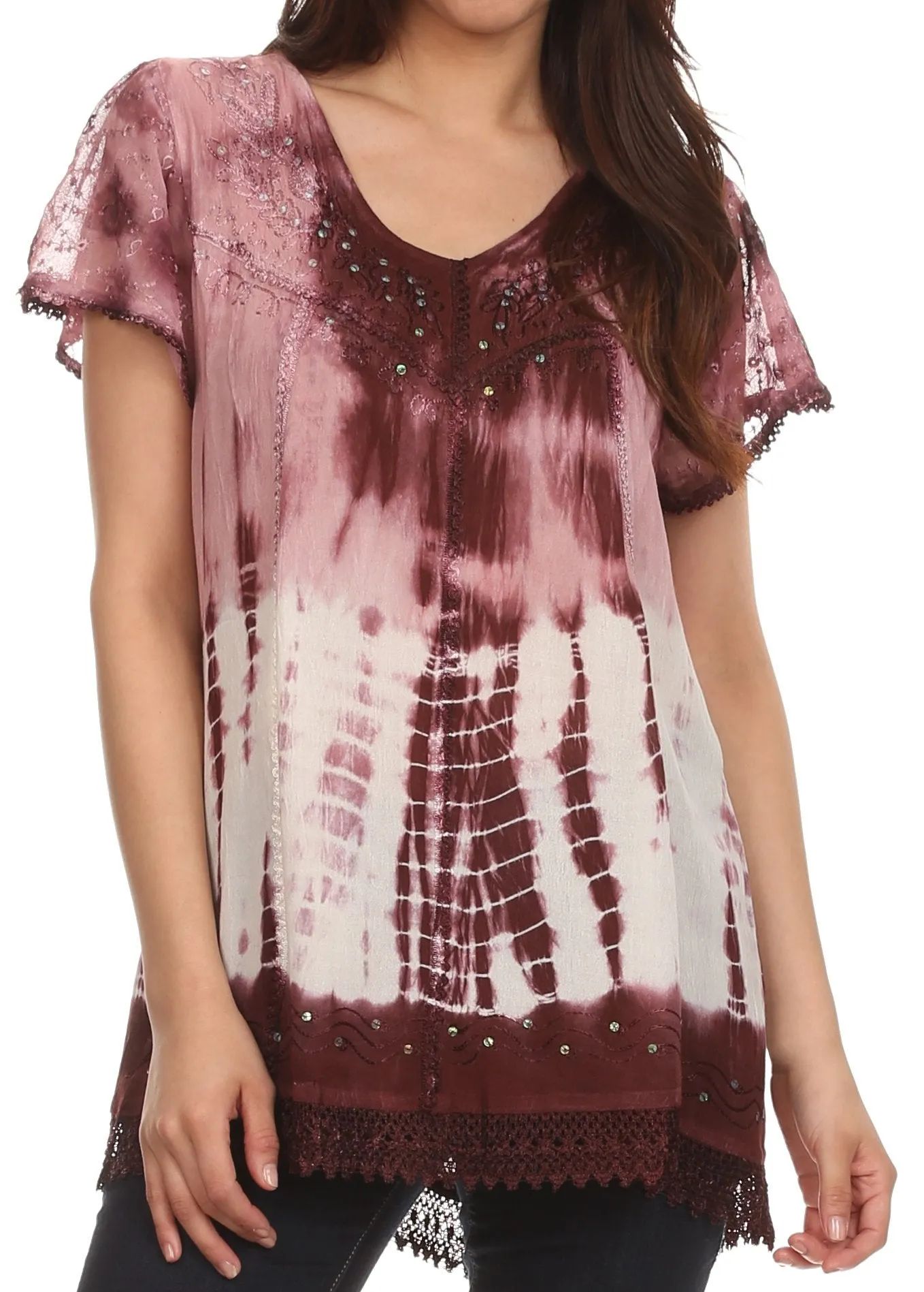 Sakkas Violet Embroidery Tie Dye Sequin Accents Blouse / Top