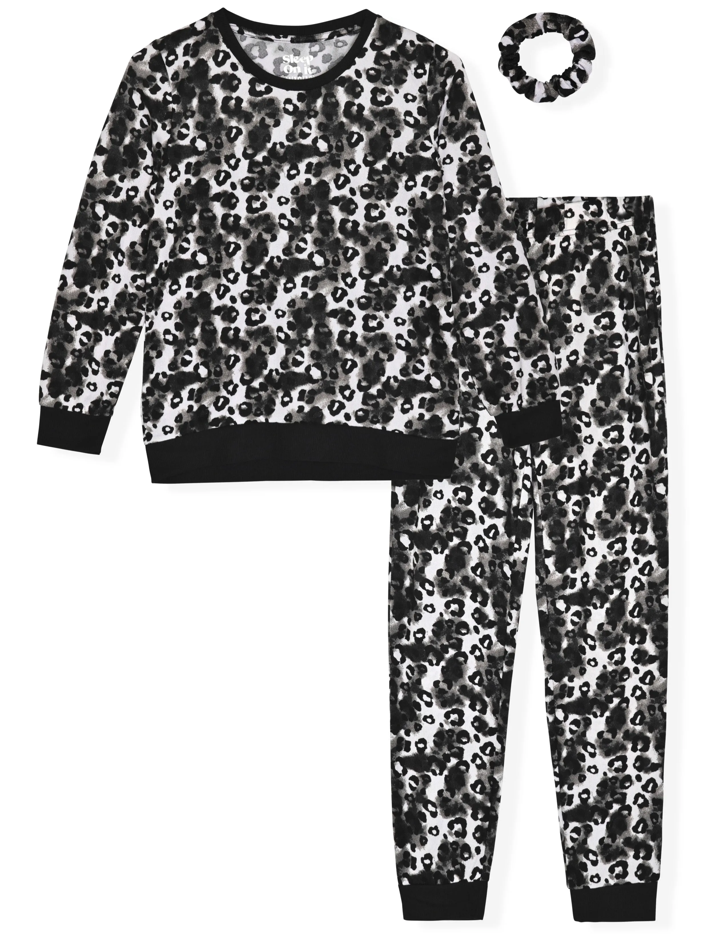 Sleep On It Girls 2-Piece Hacci Pajama Set with Matching Scrunchie - Cheetah