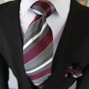 Striped Red Wine White Silk Tie Pocket Square Cufflinks Set