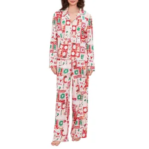 Toleet-Womens Christmas Pajama Set Graphic Printed Full Sleeve Button Down Blouse Tops Long Pants 2 Piece Lounge Outfit Sleepwear