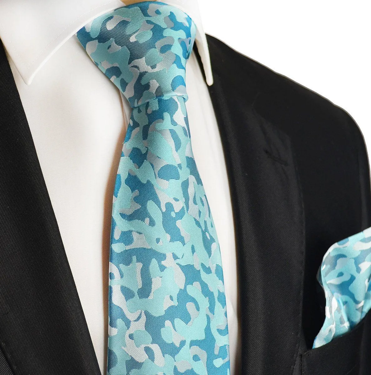 Turquoise Camouflage Silk Tie and Pocket Square