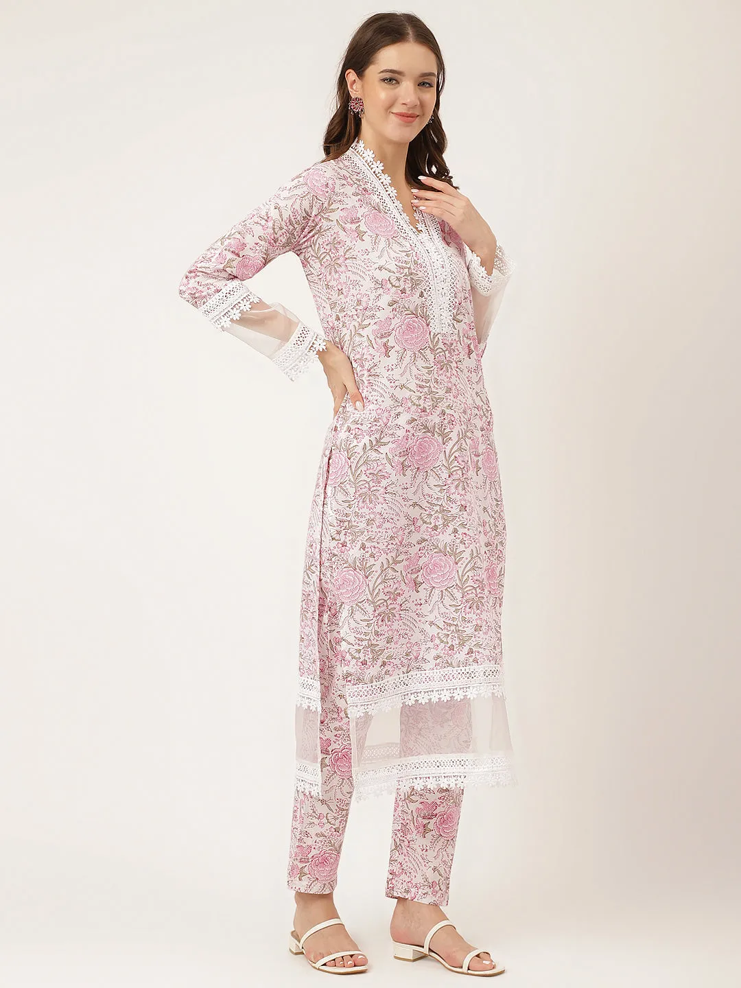 White Hand Block Floral Print Cotton  Kurta, Trouser With Dupatta