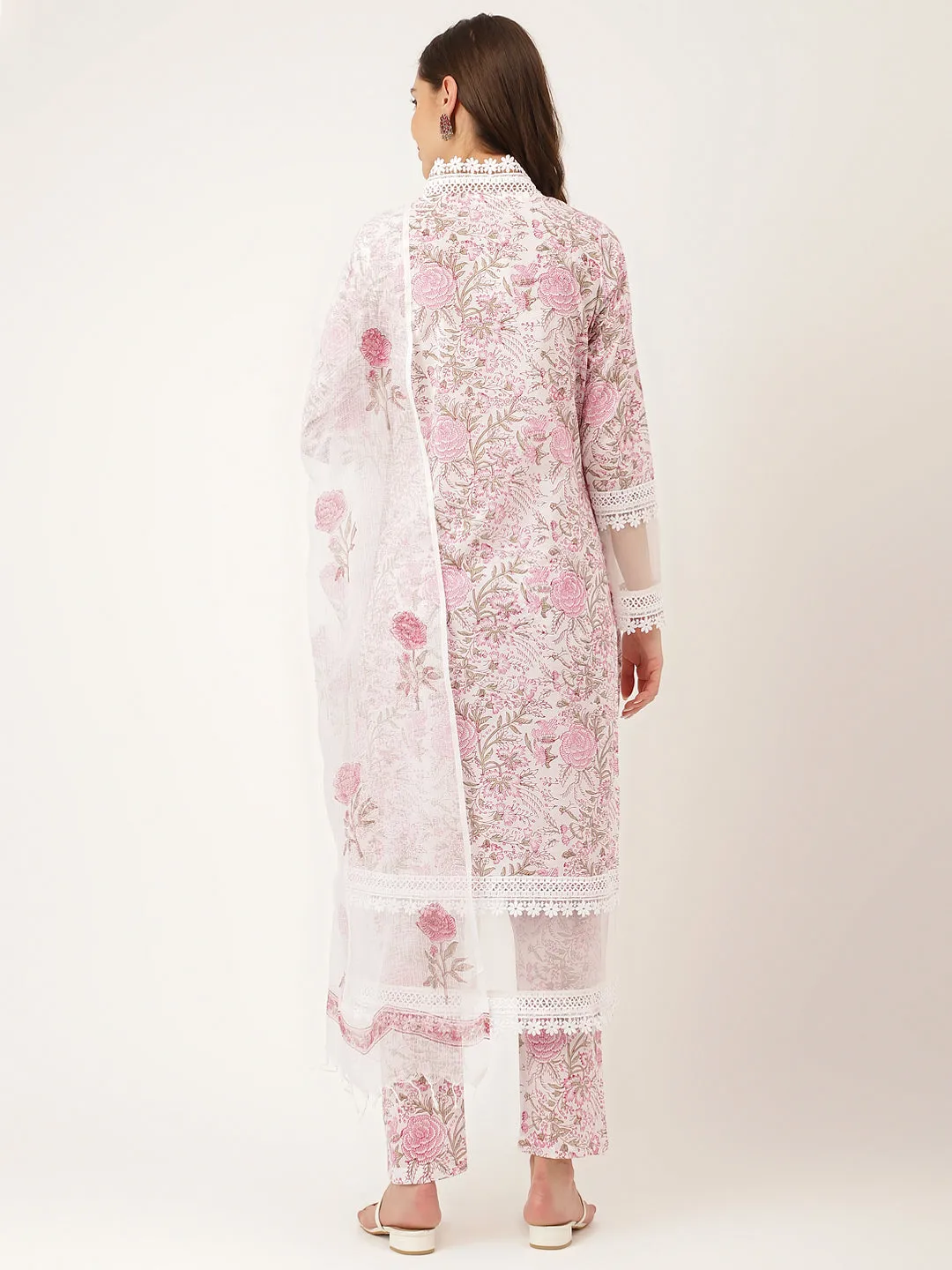 White Hand Block Floral Print Cotton  Kurta, Trouser With Dupatta