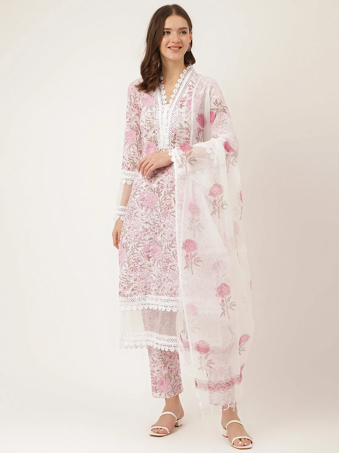 White Hand Block Floral Print Cotton  Kurta, Trouser With Dupatta