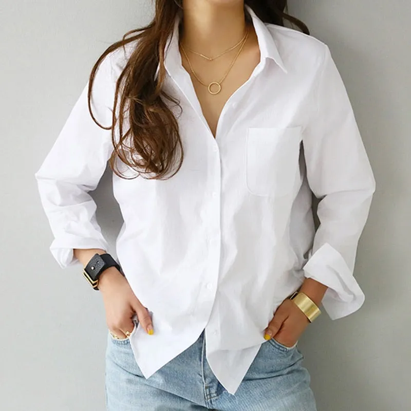 White Long Sleeve Casual Turn-down Collar Blouse