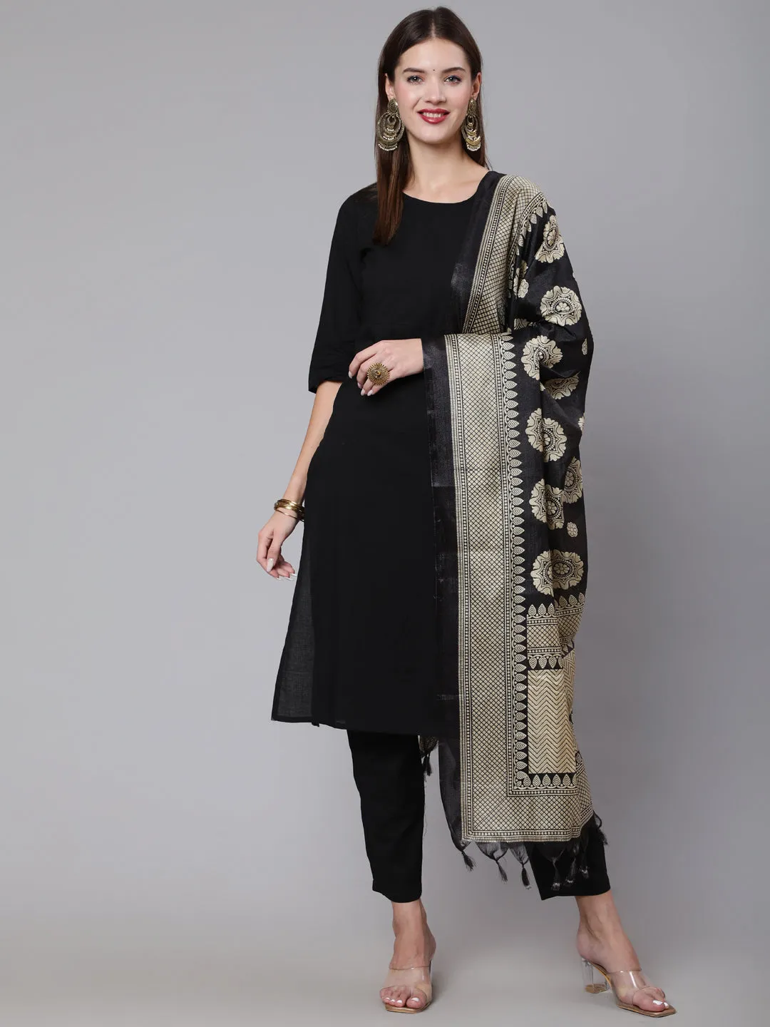 Women Black Solid Kurta And Palazzo With Printed Dupatta