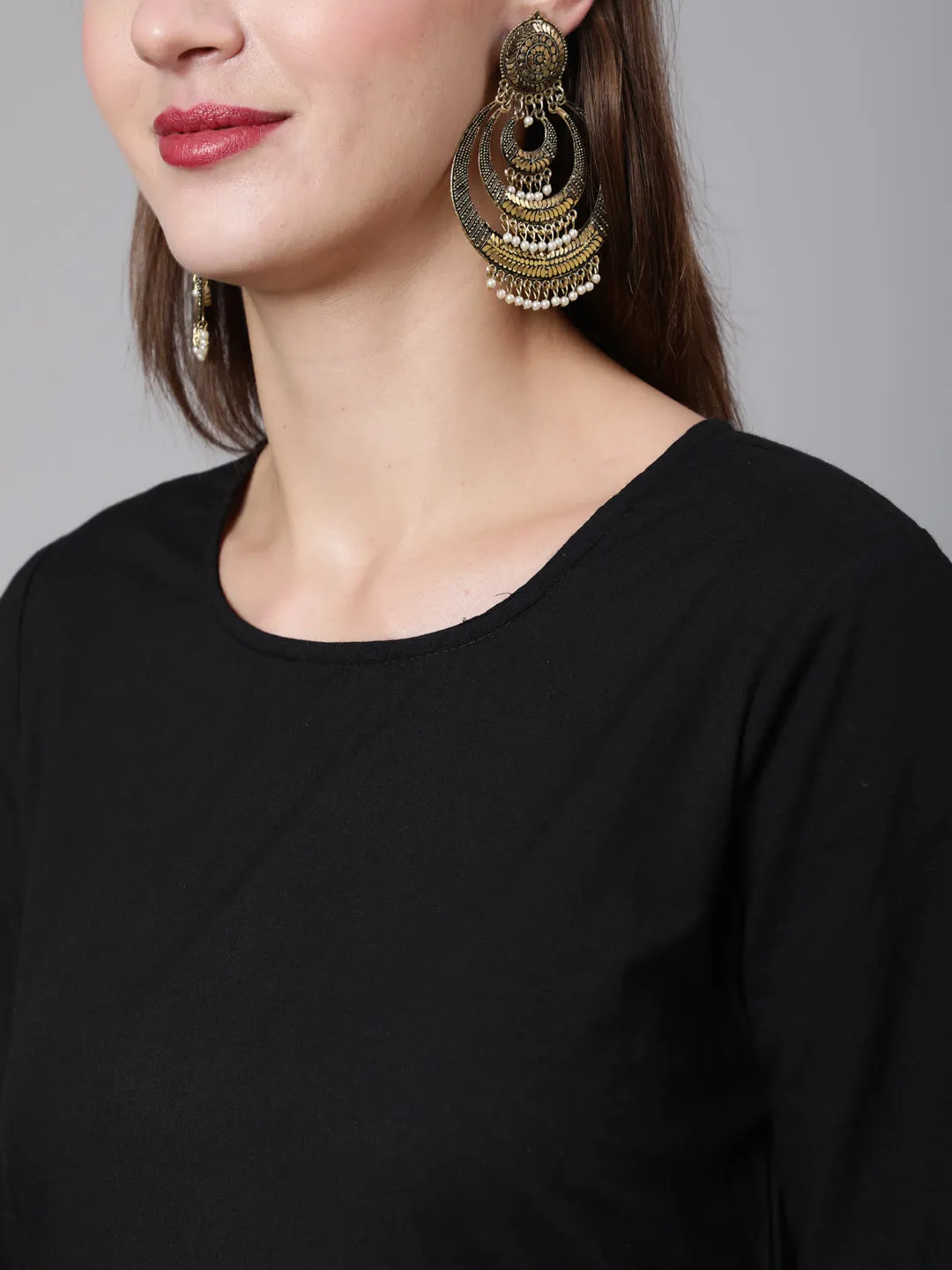 Women Black Solid Kurta And Palazzo With Printed Dupatta