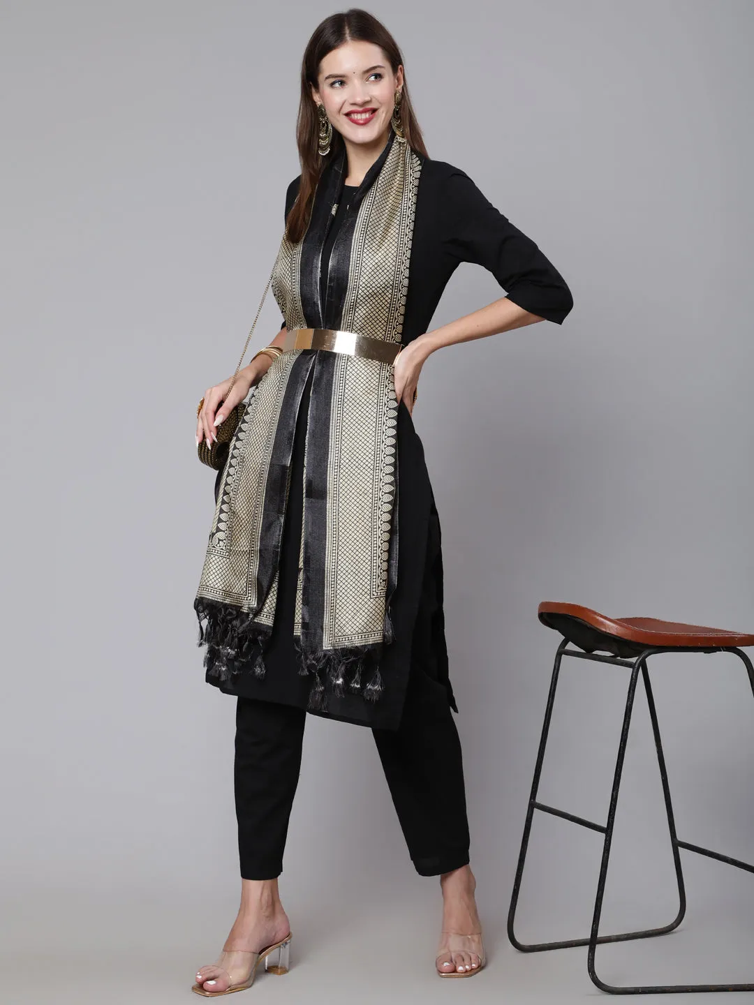 Women Black Solid Kurta And Palazzo With Printed Dupatta