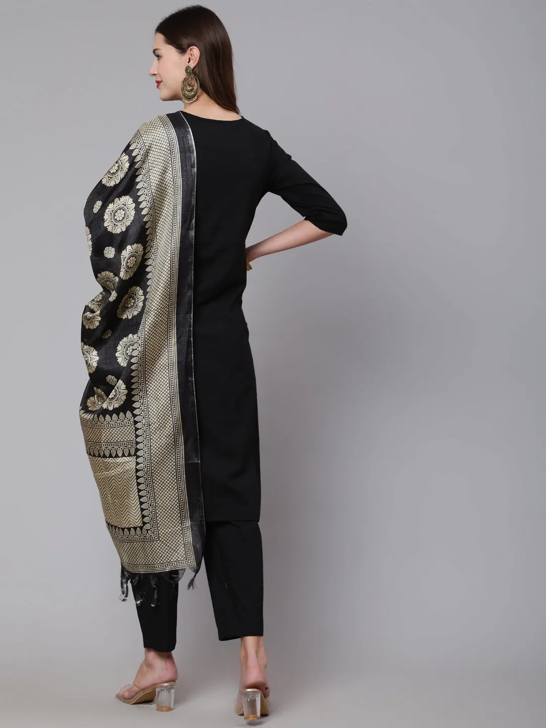 Women Black Solid Kurta And Palazzo With Printed Dupatta