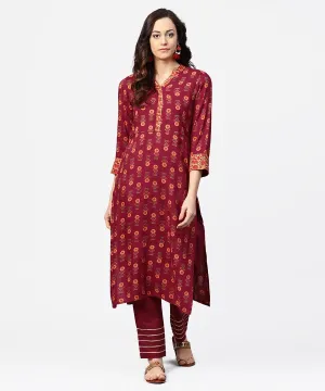 Women Maroon Calf Length Long Sleeves Straight Floral Printed Cotton Kurta