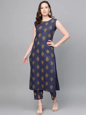 Women Navy Blue Sleeveless Printed Straight Pure Cotton Kurta With Trouser Set