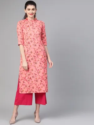 Women Pink & Mustard Cotton Straight Floral Printed Kurta