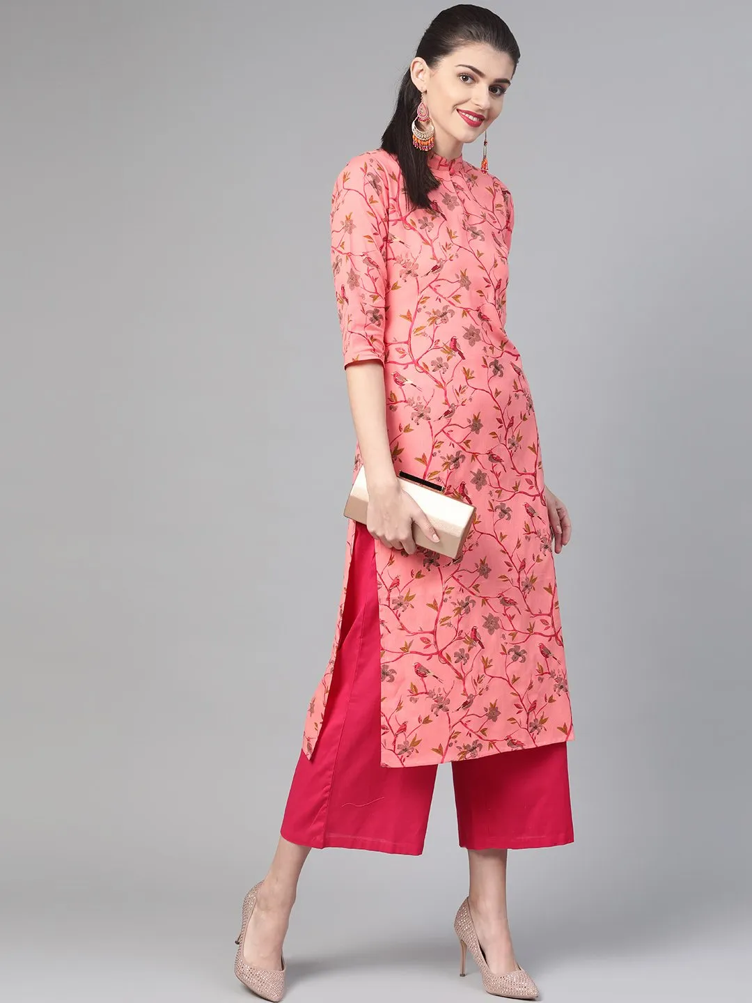 Women Pink & Mustard Cotton Straight Floral Printed Kurta