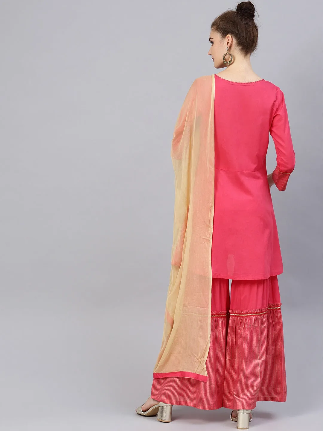 Women Pink Pure Cotton Kurti With Sharara & With Dupatta