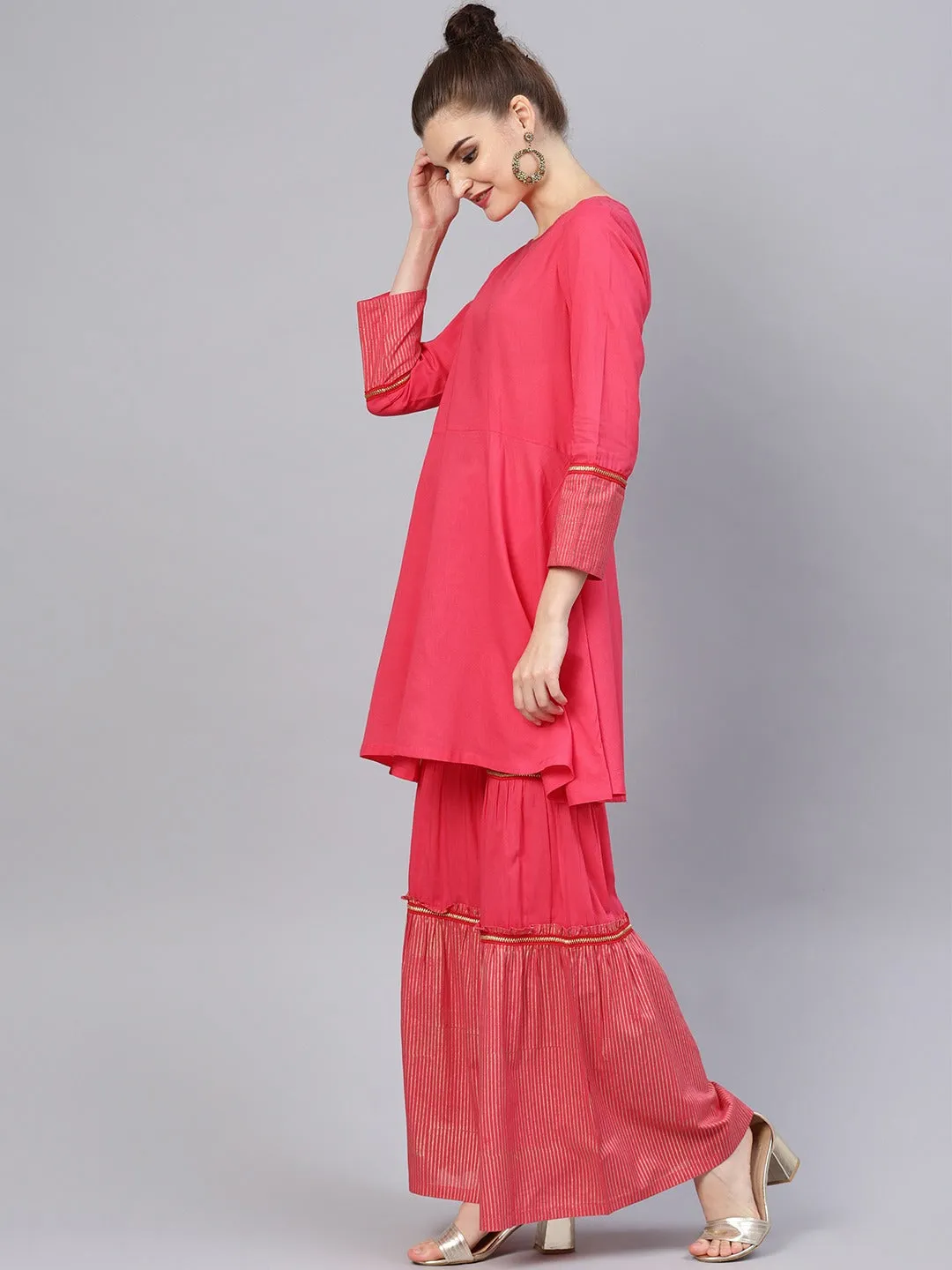 Women Pink Pure Cotton Kurti With Sharara & With Dupatta