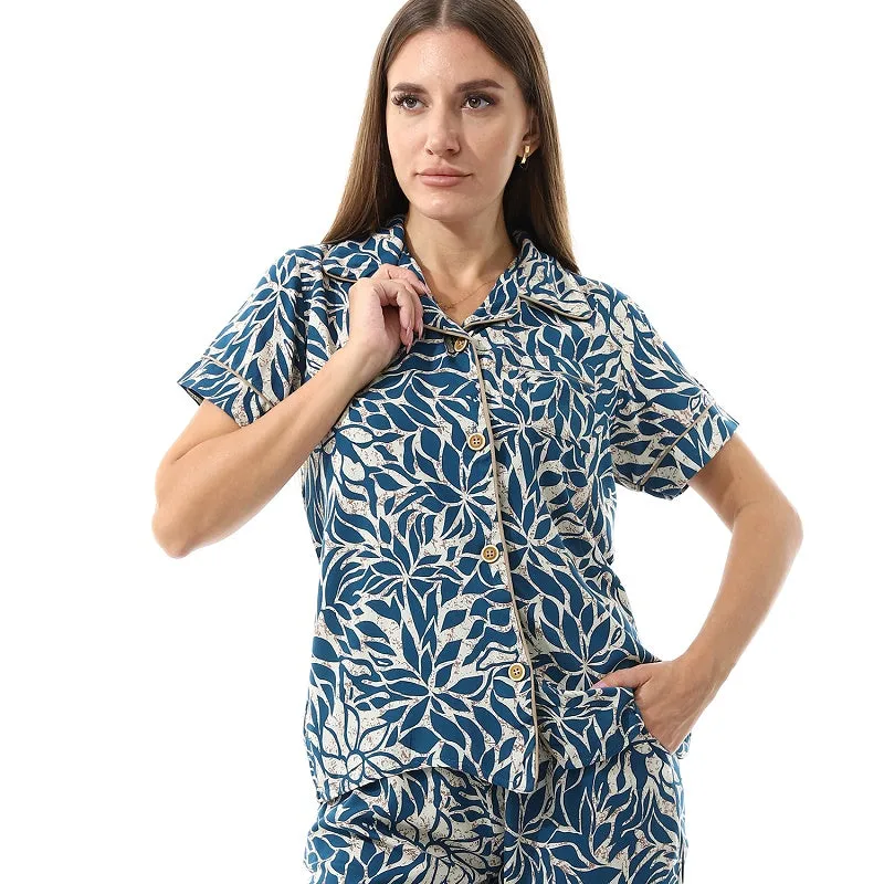 Women's Summer Viscose Classic Elegant Floral Pajamas, Comfortable Sleepwear - Petroleum