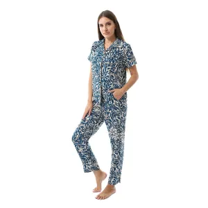 Women's Summer Viscose Classic Elegant Floral Pajamas, Comfortable Sleepwear - Petroleum