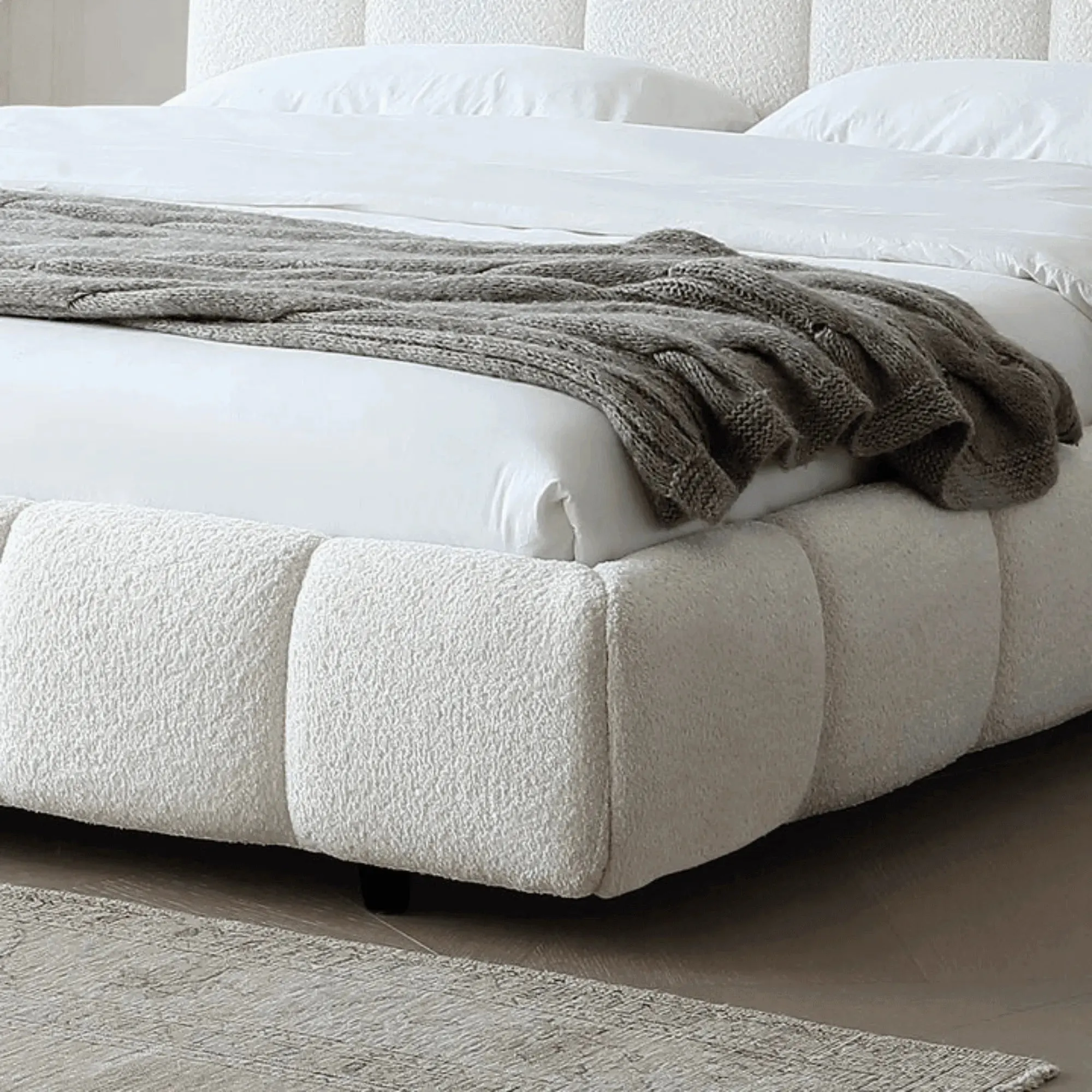 Wooden Twist Tactic Modernize Boucle Upholstery Bed for Luxury Bedroom Contemporary, Stylish, and Elegant