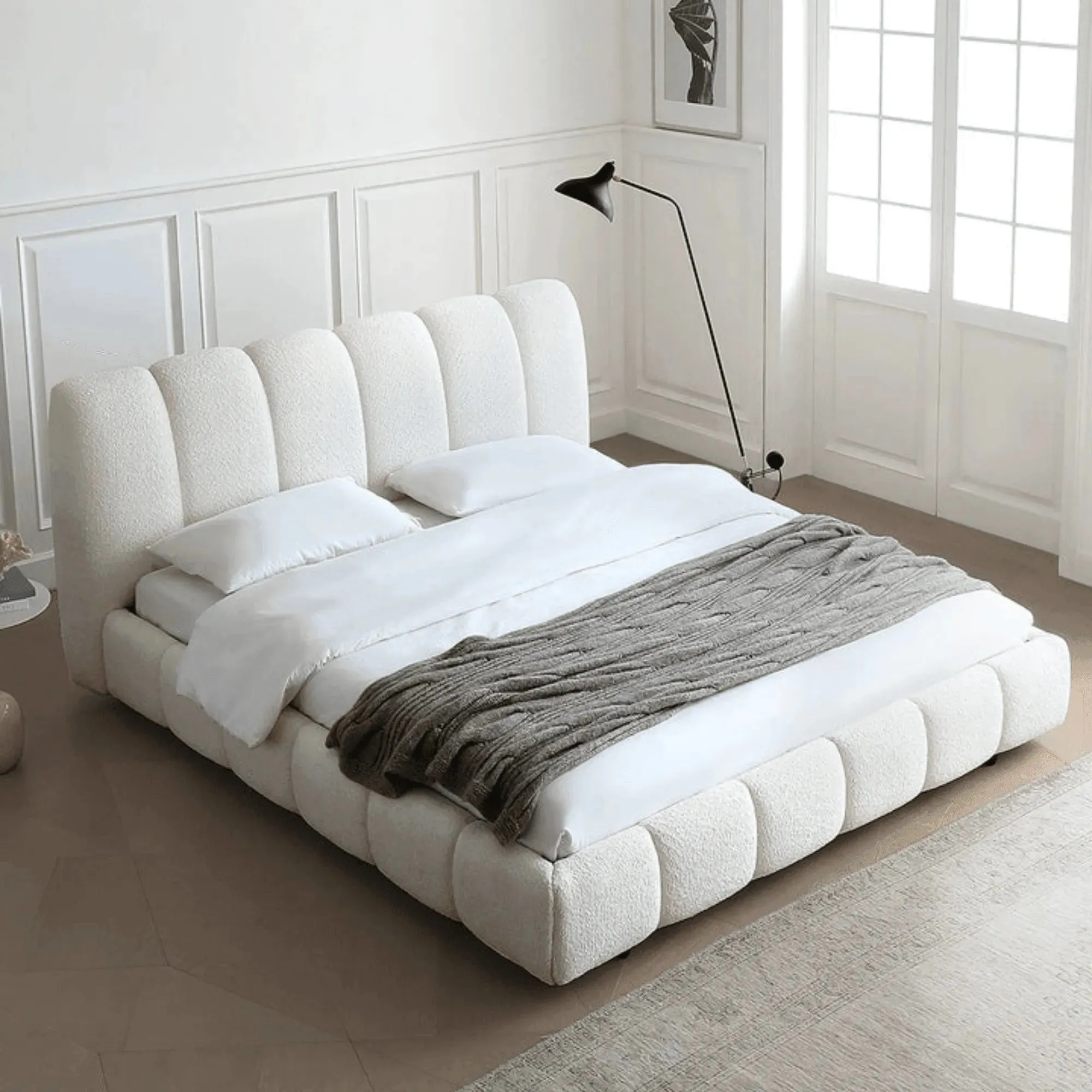 Wooden Twist Tactic Modernize Boucle Upholstery Bed for Luxury Bedroom Contemporary, Stylish, and Elegant